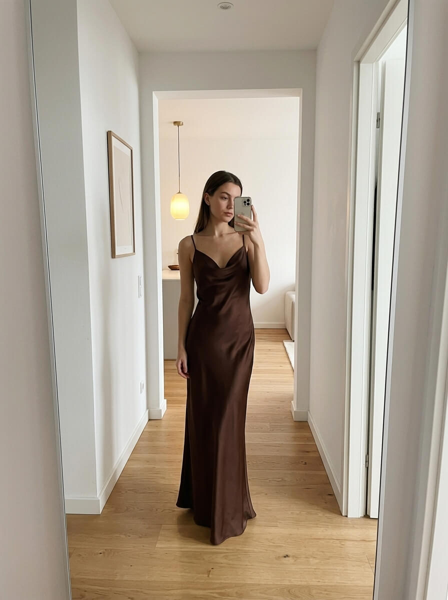The same brown satin slip dress worn by a third character in an apartment hallway mirror