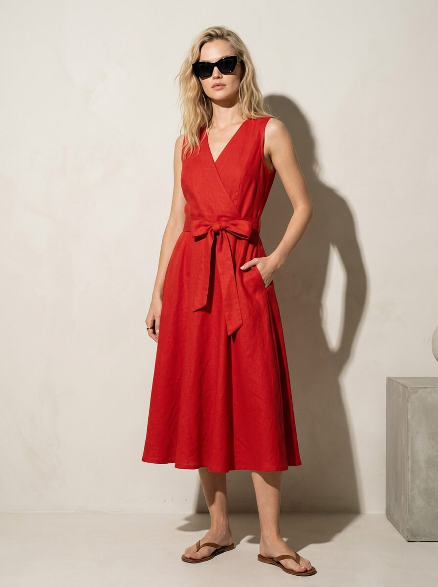 The same red linen wrap dress worn by a character against a plaster studio wall