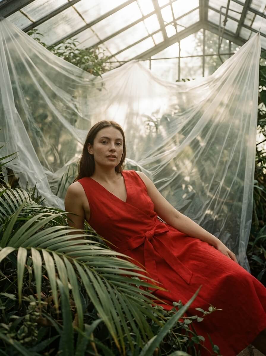 The same red linen wrap dress worn by a different character reclining in a glasshouse