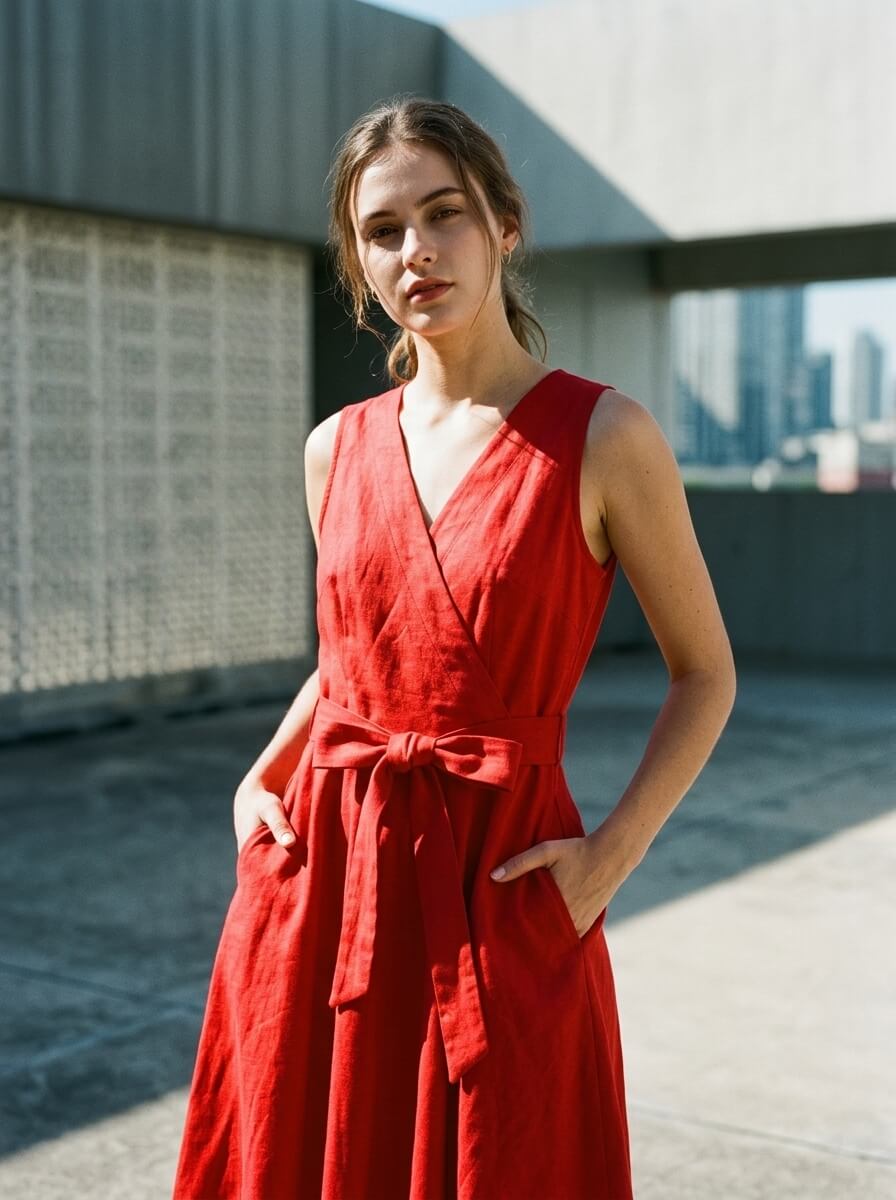 The same red linen wrap dress worn by a third character on a concrete rooftop