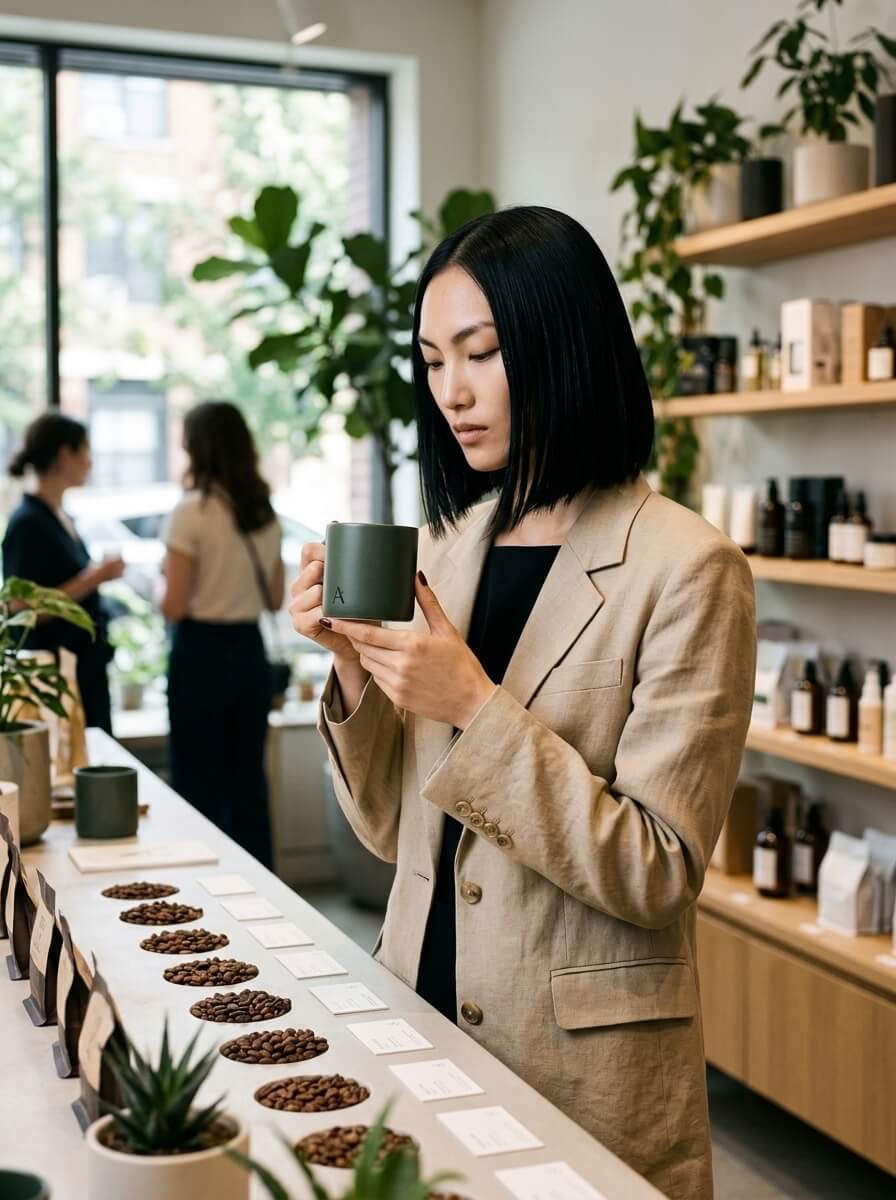The same AI character tasting coffee at a roastery counter