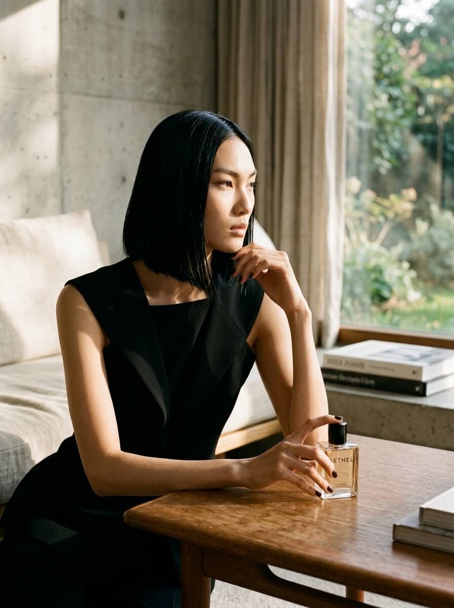 The same AI character seated by a window with a fragrance bottle on a wooden table