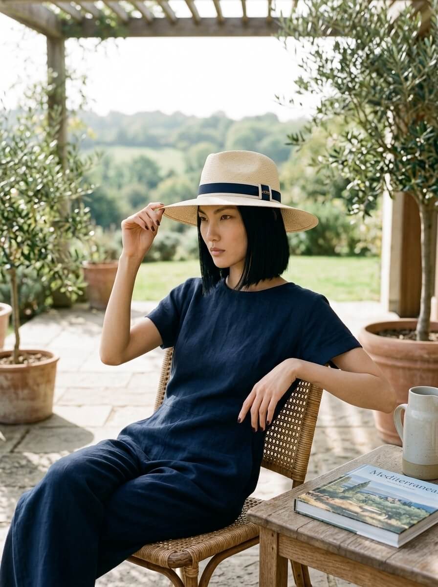 The same AI character seated under a pergola in a navy linen dress and straw hat