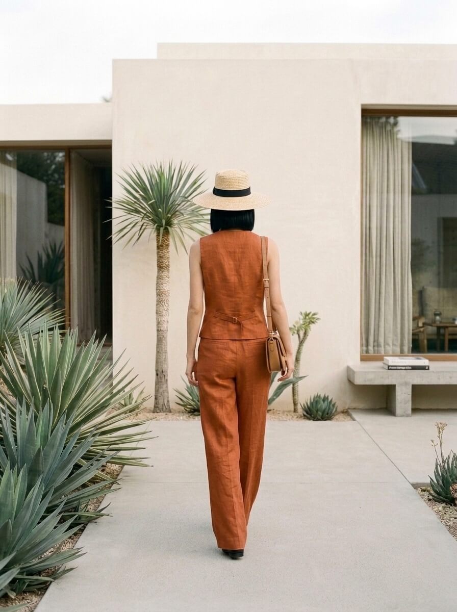The same scene shot from behind as the character walks toward the house