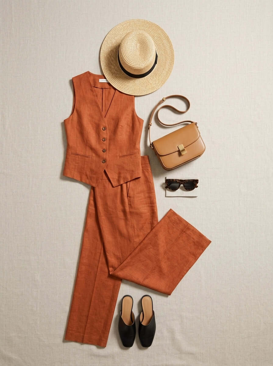 The full terracotta linen look, straw hat, tan bag and mules laid out flat as the styling reference for the scene